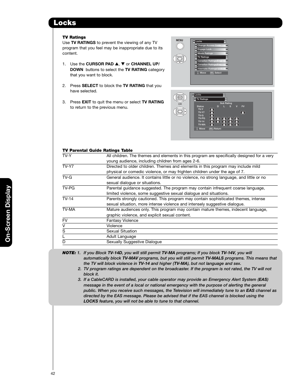 Locks, On-scr een display | Hitachi 50VS69A User Manual | Page 42 / 80