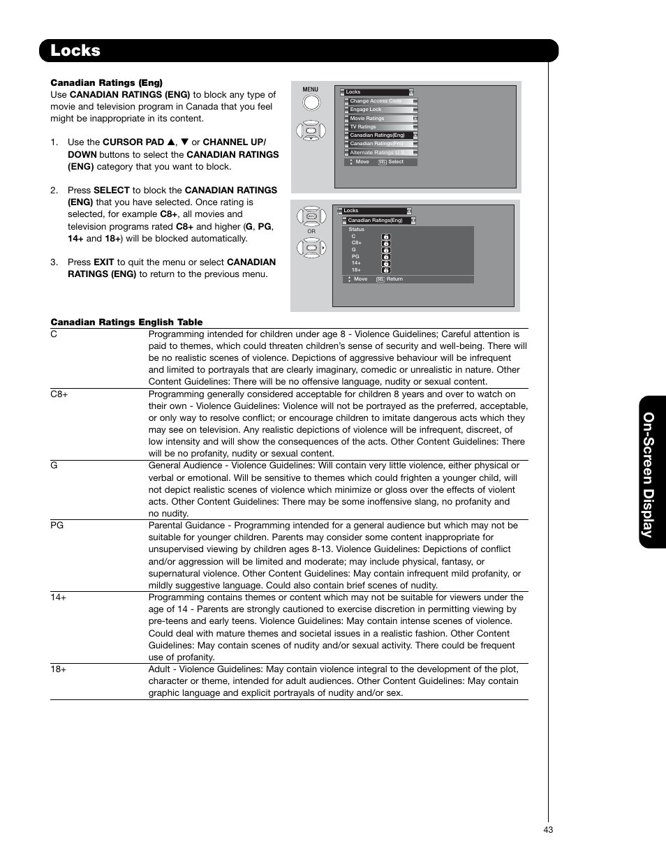 Locks, On-scr een display | Hitachi 50VS69A User Manual | Page 43 / 80