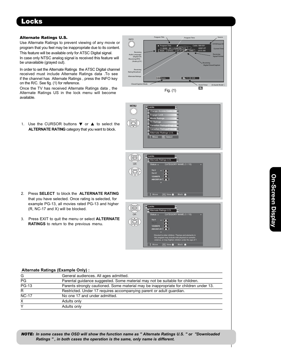 Locks, On-scr een display, Alternate ratings (example only) | Yadults only | Hitachi 50VS69A User Manual | Page 45 / 80