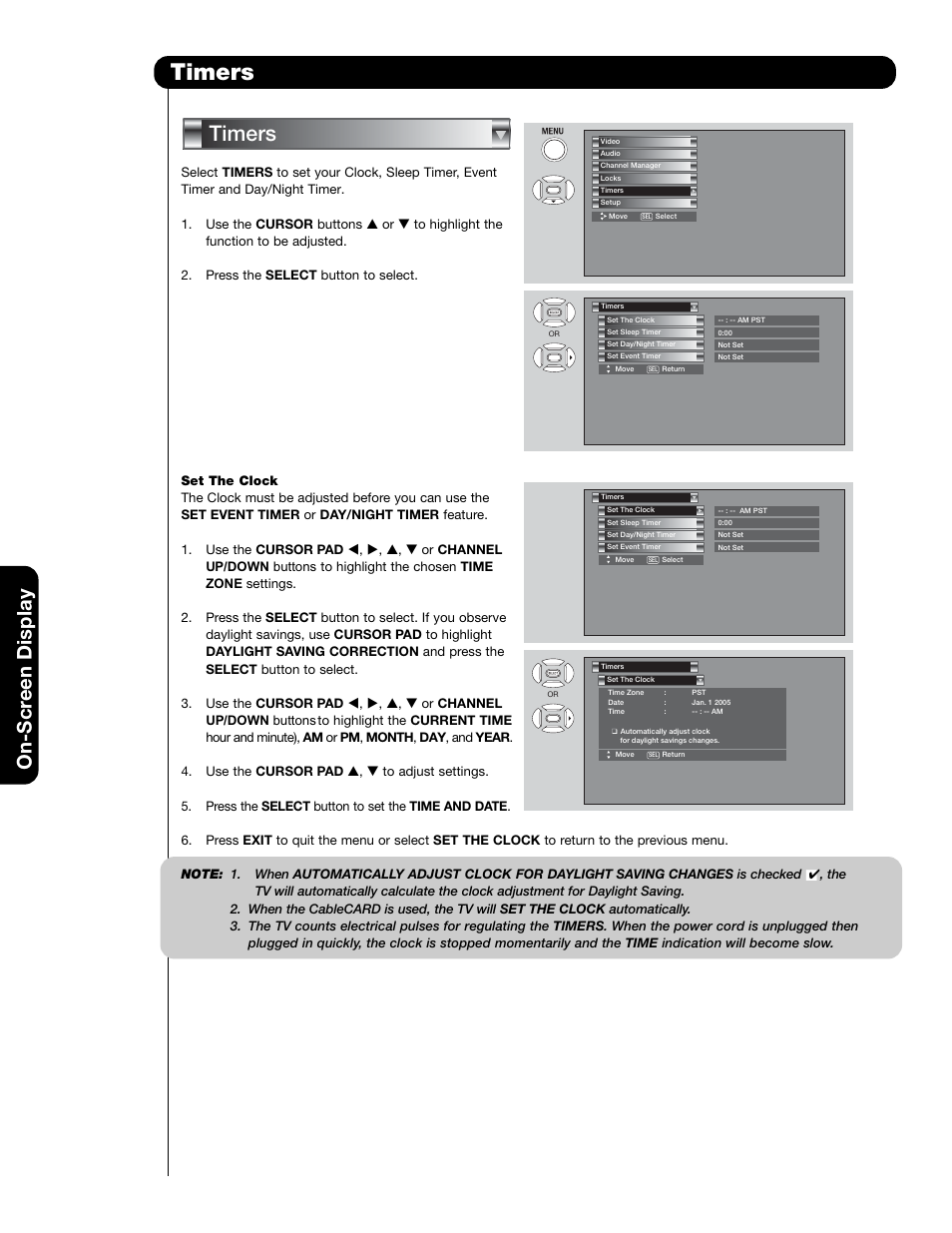 Timers, On-scr een display | Hitachi 50VS69A User Manual | Page 46 / 80