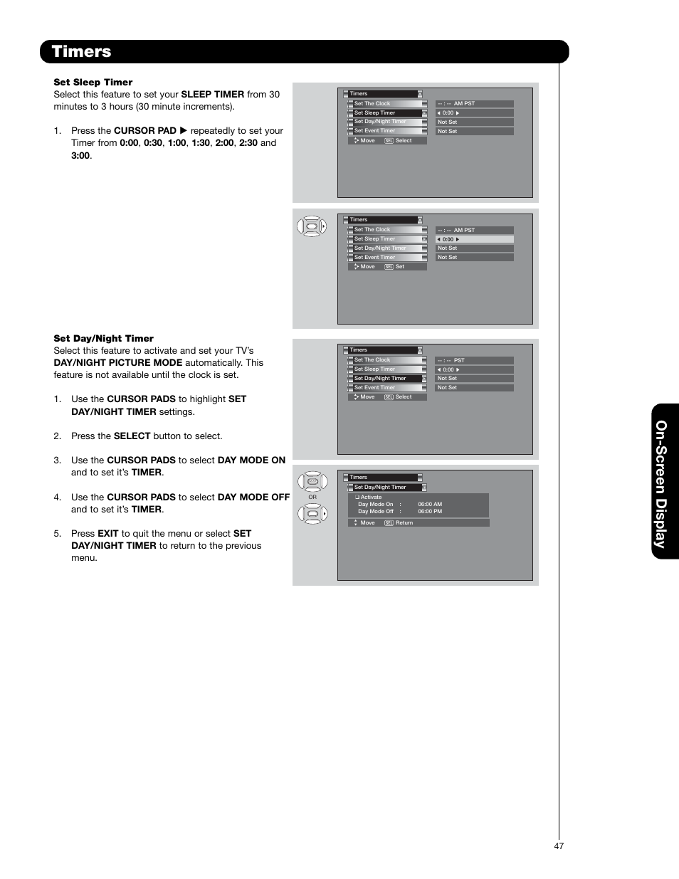 Timers, On-scr een display | Hitachi 50VS69A User Manual | Page 47 / 80