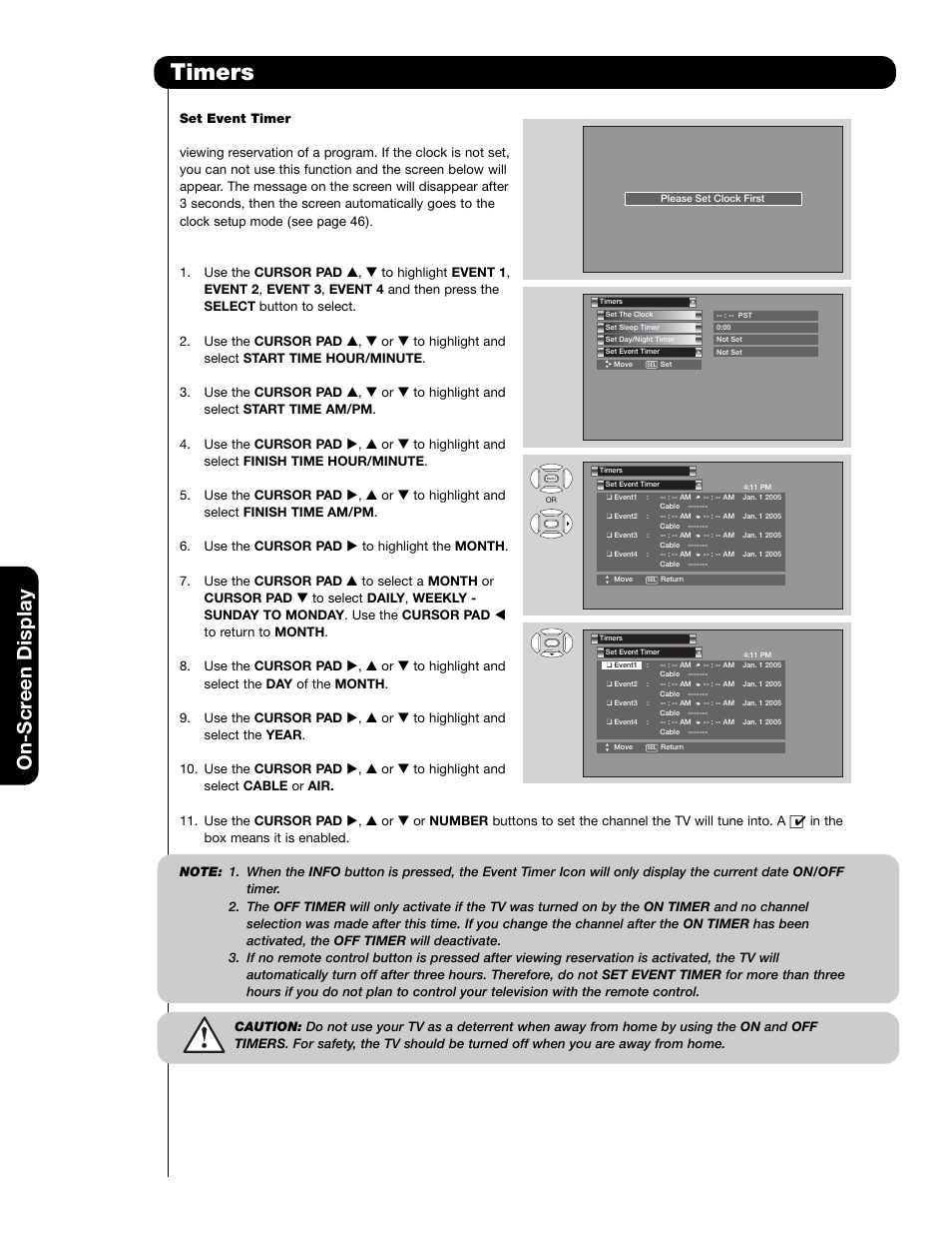 Timers, On-scr een display | Hitachi 50VS69A User Manual | Page 48 / 80