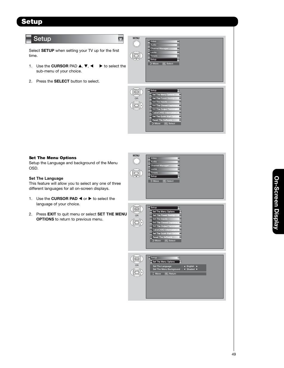 Setup, On-scr een display | Hitachi 50VS69A User Manual | Page 49 / 80