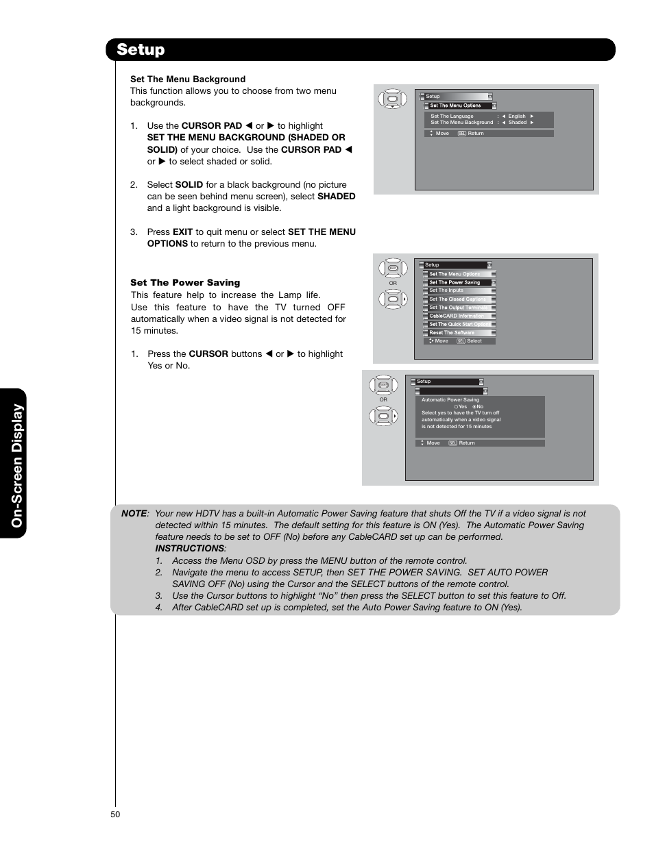 Setup, On-scr een display | Hitachi 50VS69A User Manual | Page 50 / 80