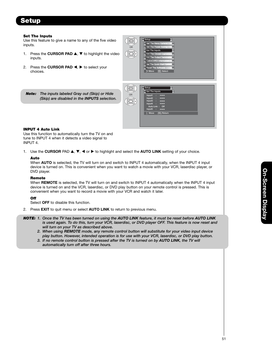 Setup, On-scr een display | Hitachi 50VS69A User Manual | Page 51 / 80