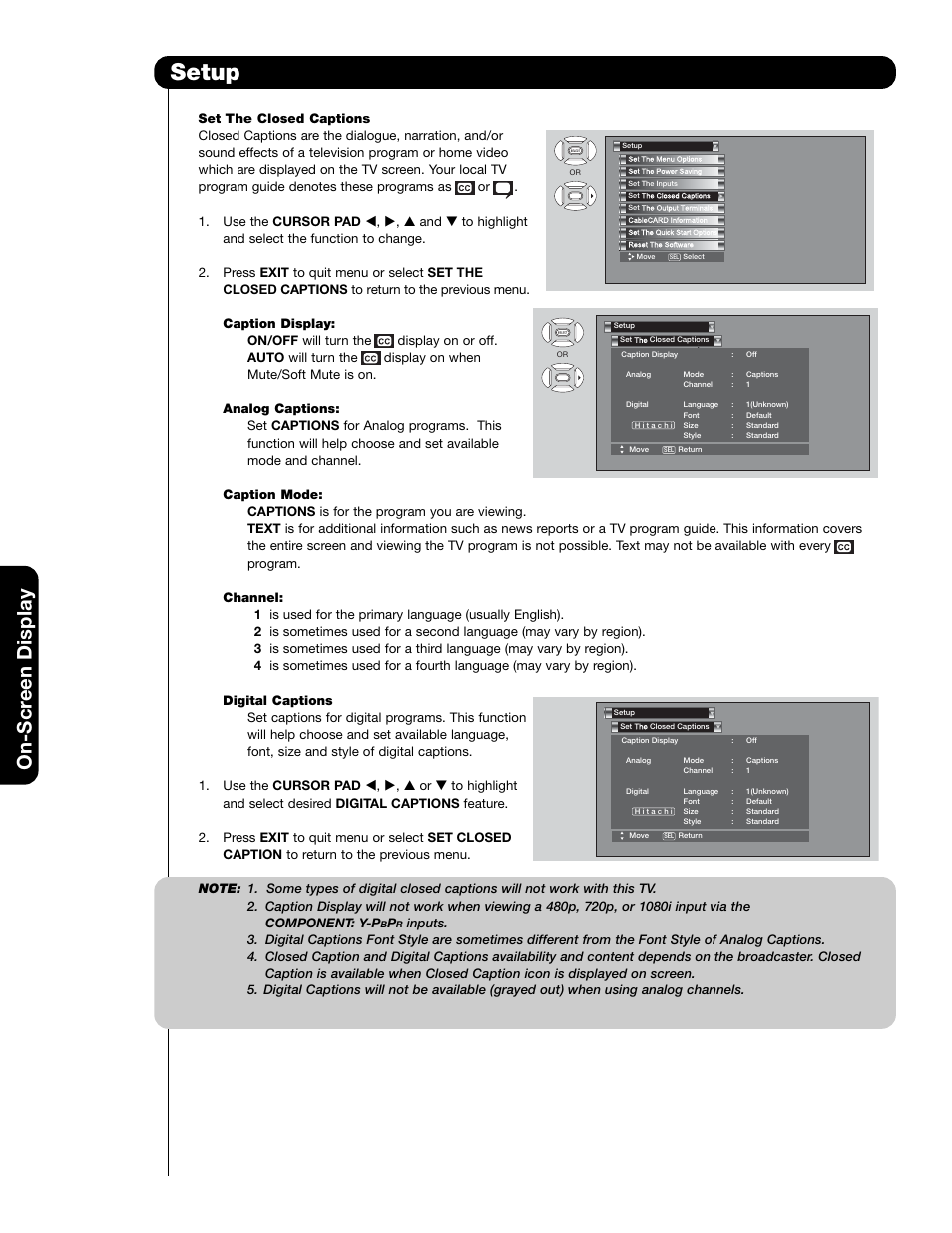 Setup, On-scr een display | Hitachi 50VS69A User Manual | Page 52 / 80