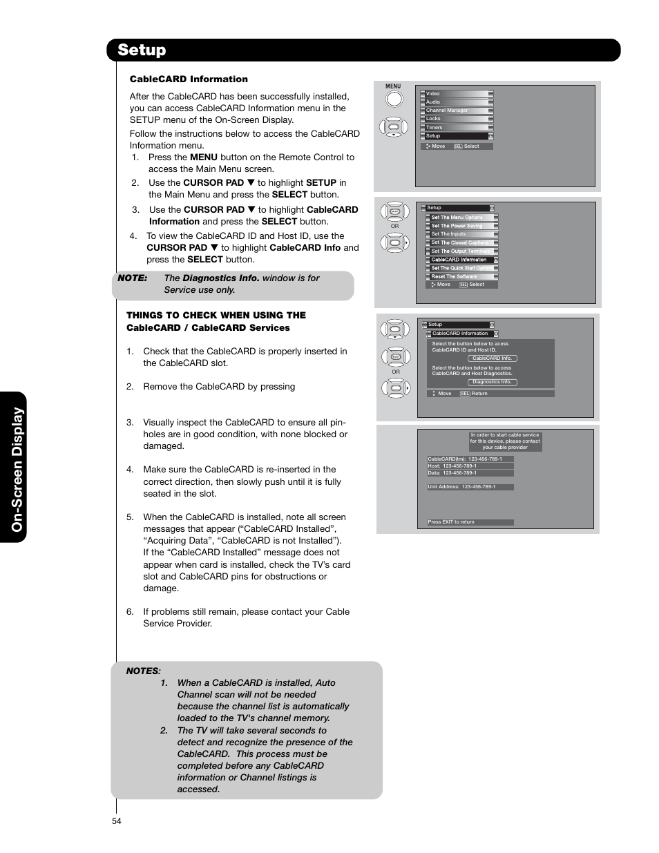 Setup, On-scr een display | Hitachi 50VS69A User Manual | Page 54 / 80