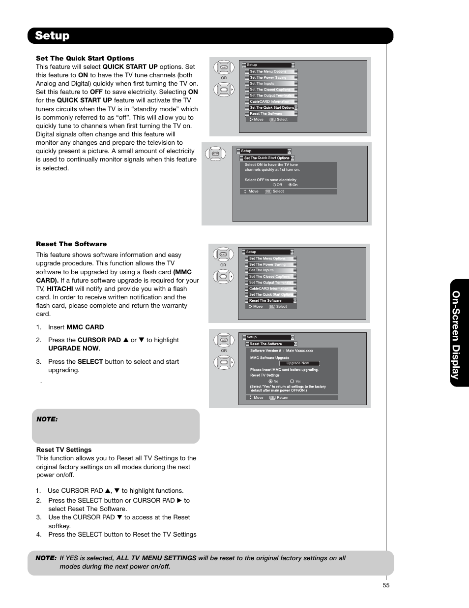 Setup, On-scr een display | Hitachi 50VS69A User Manual | Page 55 / 80