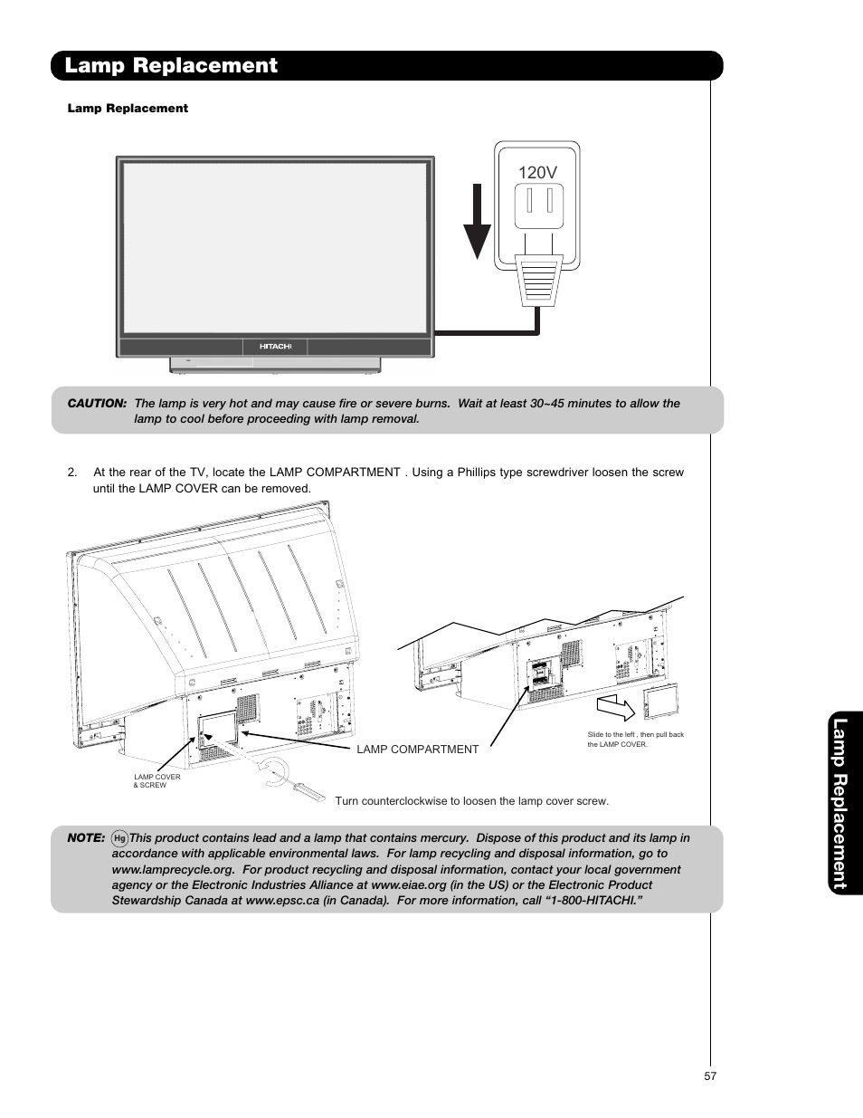 Lamp replacement, 120v | Hitachi 50VS69A User Manual | Page 57 / 80