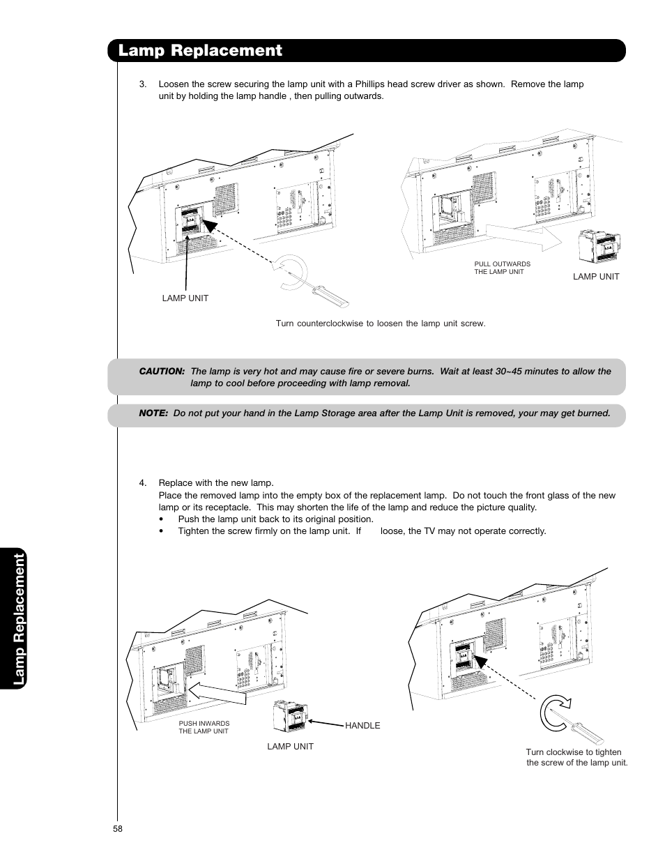 Lamp replacement | Hitachi 50VS69A User Manual | Page 58 / 80