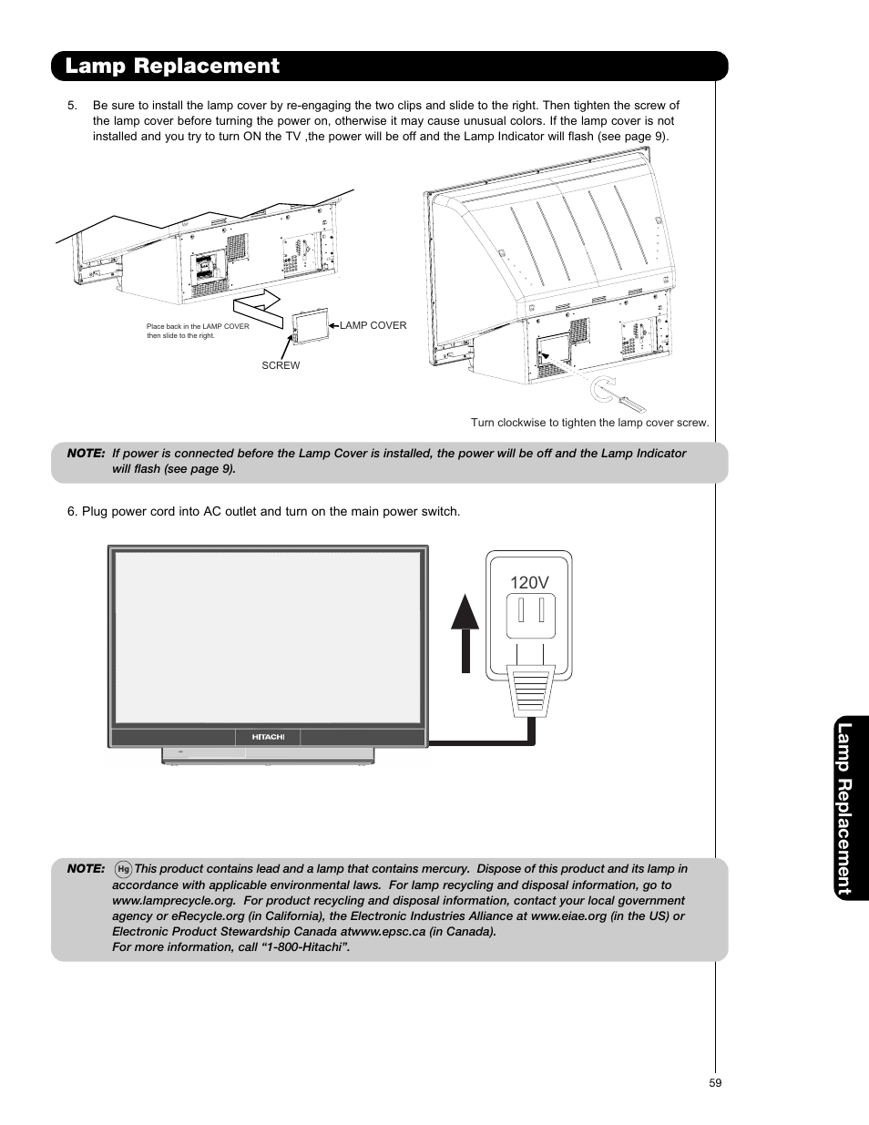 Lamp replacement, 120v | Hitachi 50VS69A User Manual | Page 59 / 80