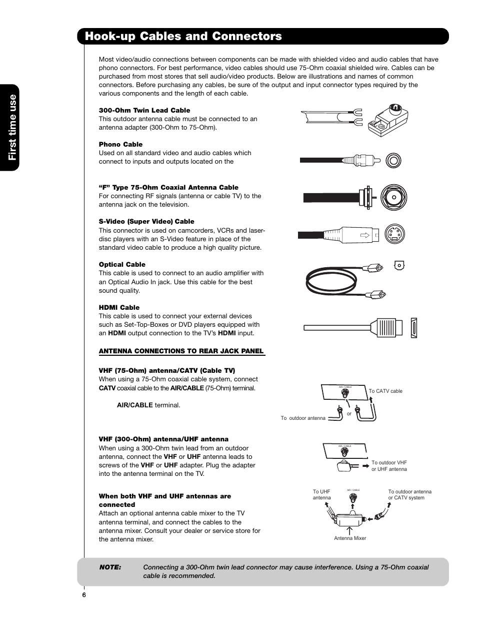 Hook-up cables and connectors, First time use | Hitachi 50VS69A User Manual | Page 6 / 80