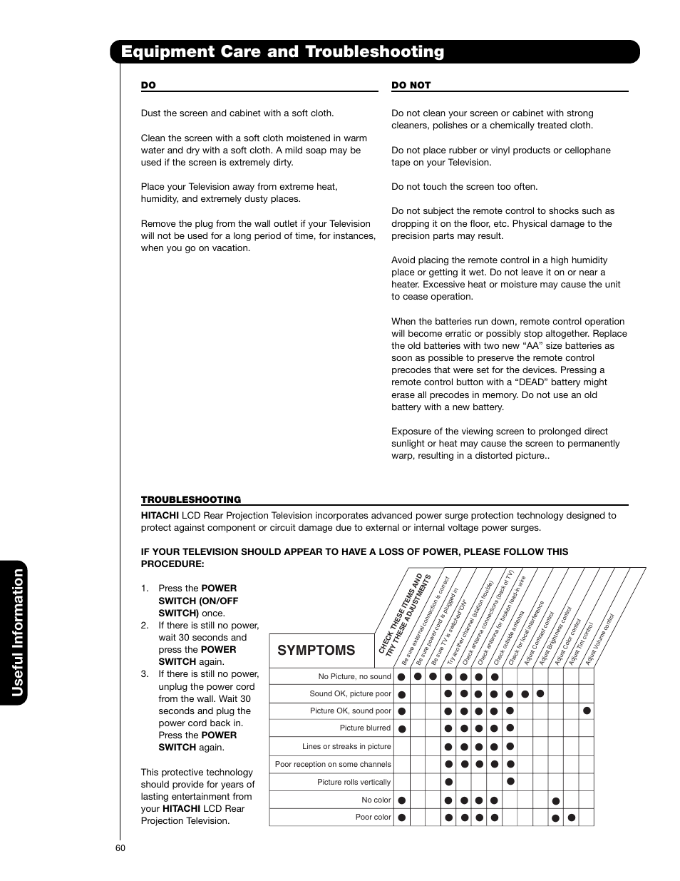 Equipment care and troubleshooting, Useful information, Symptoms | Hitachi 50VS69A User Manual | Page 60 / 80