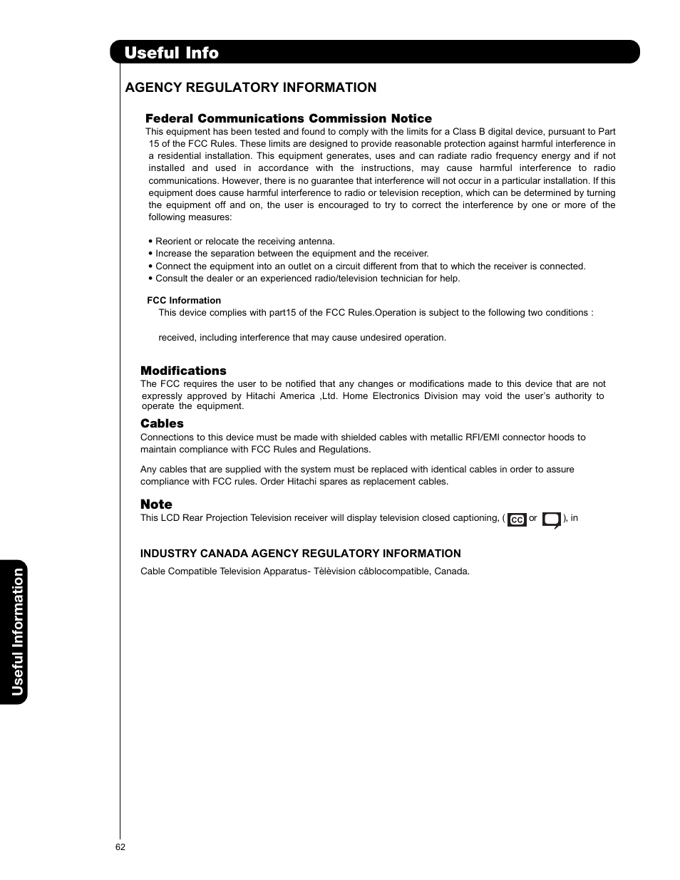 Useful info, Useful information, Agency regulatory information | Hitachi 50VS69A User Manual | Page 62 / 80