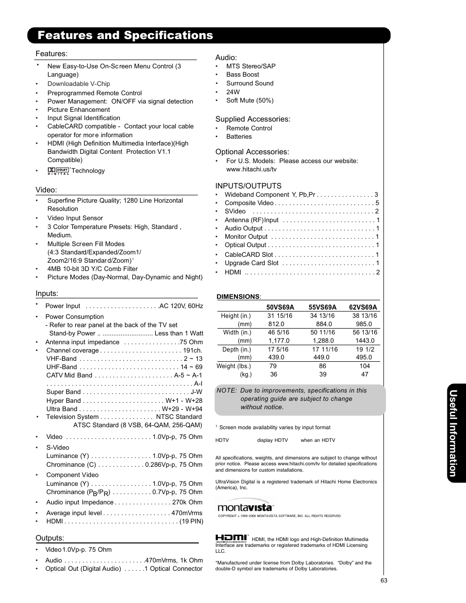 Features and specifications, Useful information | Hitachi 50VS69A User Manual | Page 63 / 80