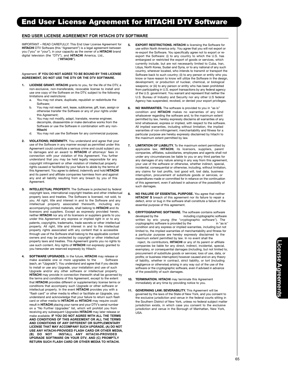 License agreements | Hitachi 50VS69A User Manual | Page 65 / 80