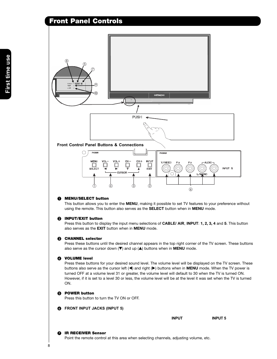 Front panel controls, First time use | Hitachi 50VS69A User Manual | Page 8 / 80