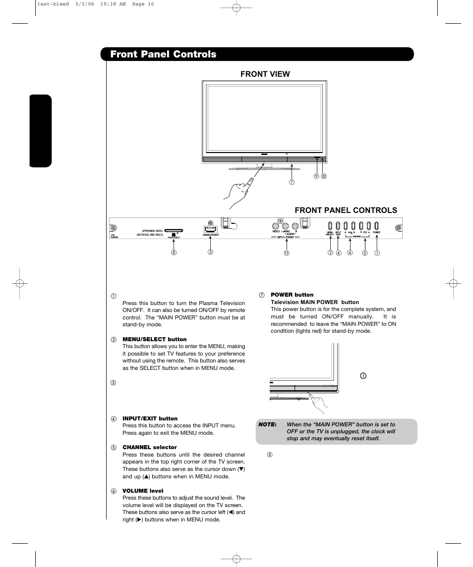 Front panel controls, First time use, Front view | Hitachi P55H4011 User Manual | Page 12 / 144
