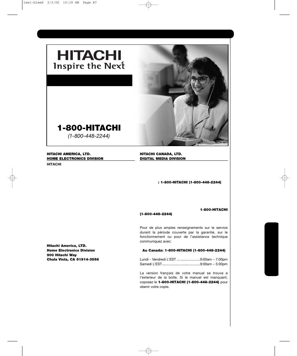 Servicio a clientes, 800-hitachi, Hitachi | Llame gratis | Hitachi P55H4011 User Manual | Page 127 / 144