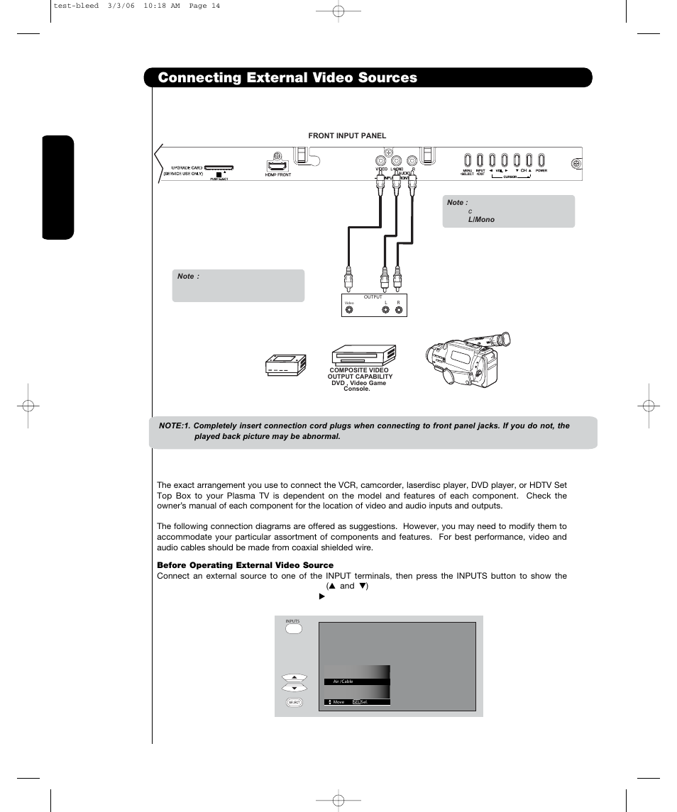 Connecting external video sources, First time use | Hitachi P55H4011 User Manual | Page 16 / 144