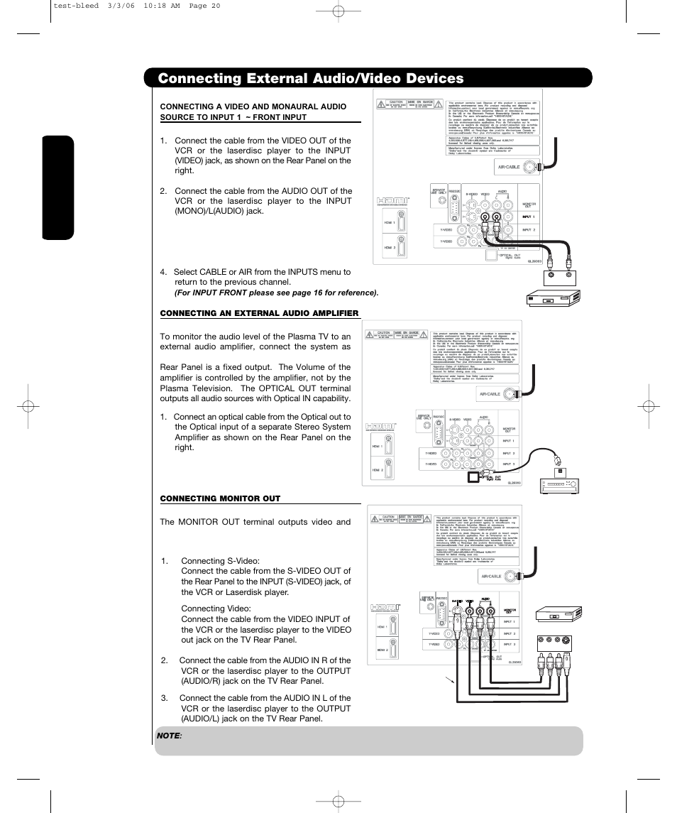 Connecting external audio/video devices, First time use | Hitachi P55H4011 User Manual | Page 22 / 144