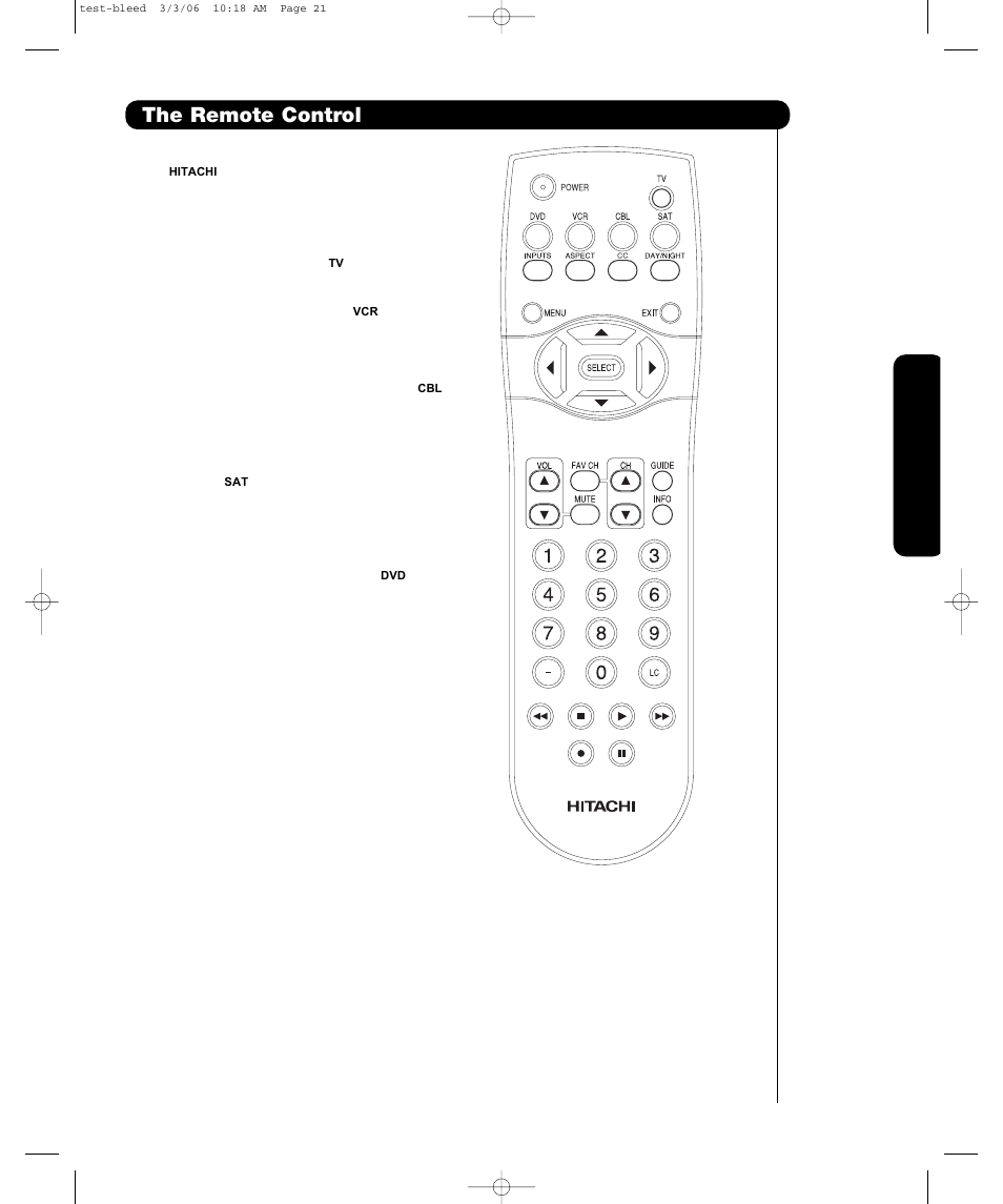 The remote control, The remote cont rol | Hitachi P55H4011 User Manual | Page 23 / 144