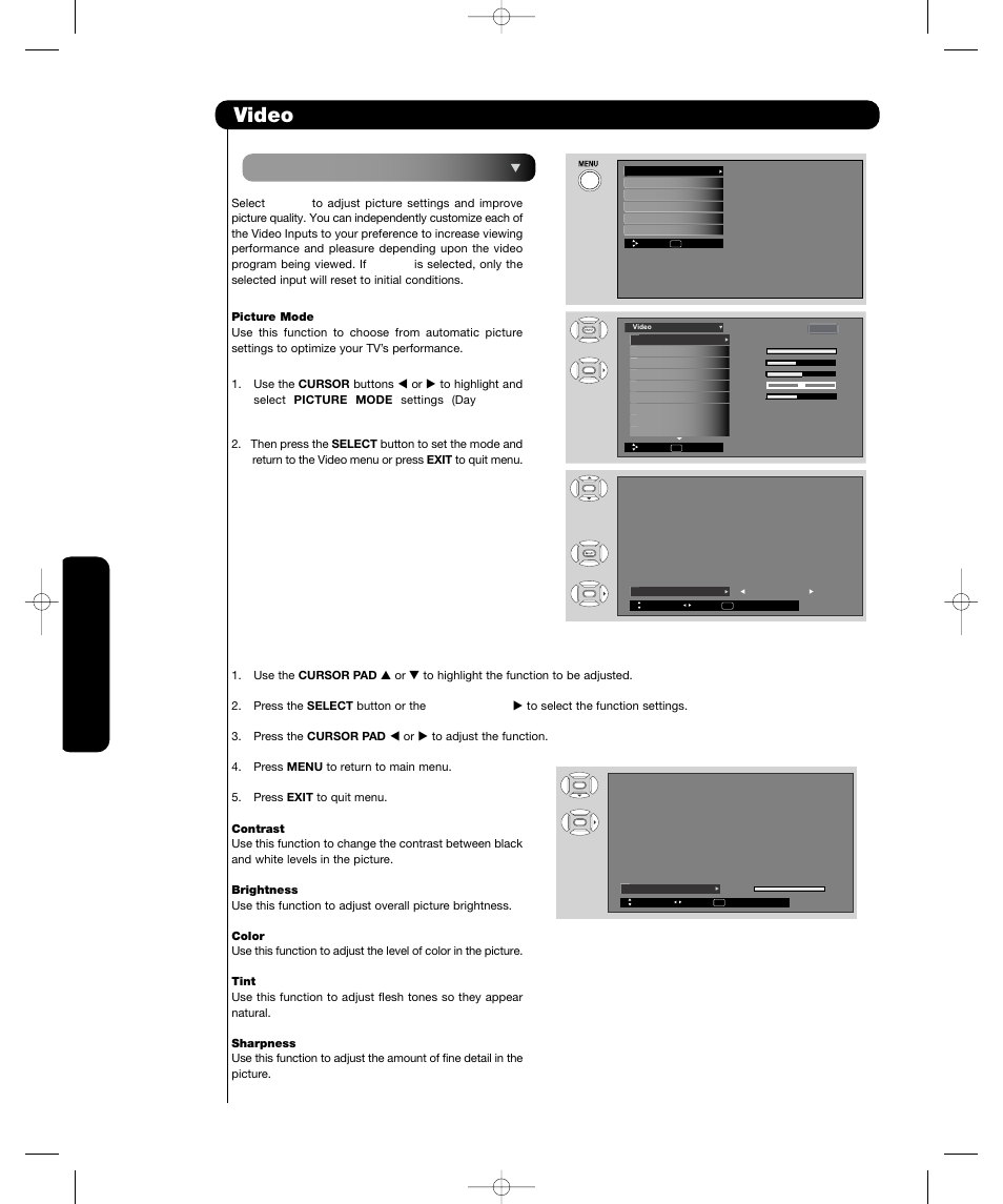 Video, On-scr een display, On-sc reen display | Hitachi P55H4011 User Manual | Page 34 / 144