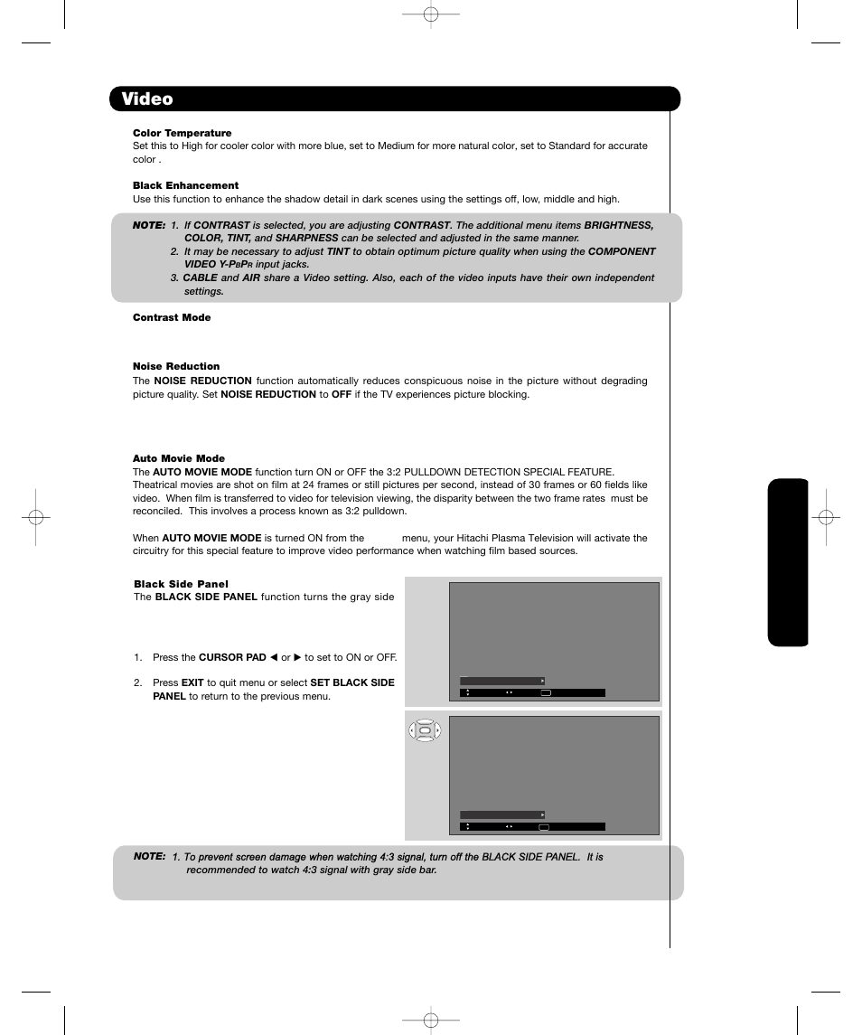 Video, On-sc ree n display | Hitachi P55H4011 User Manual | Page 35 / 144