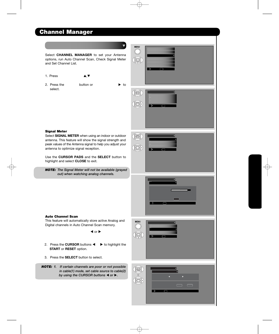 Channel manager, On-screen display | Hitachi P55H4011 User Manual | Page 39 / 144
