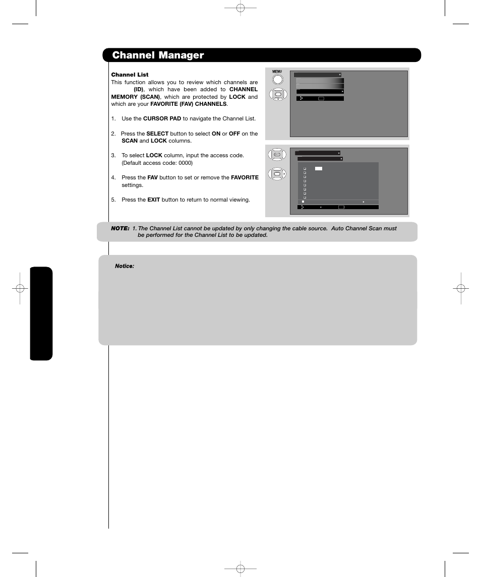 Channel manager, On-scr een display, On-sc reen display | Hitachi P55H4011 User Manual | Page 40 / 144