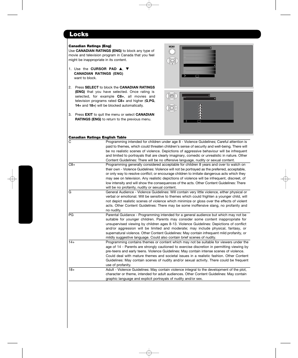 Locks, On-sc reen display | Hitachi P55H4011 User Manual | Page 44 / 144
