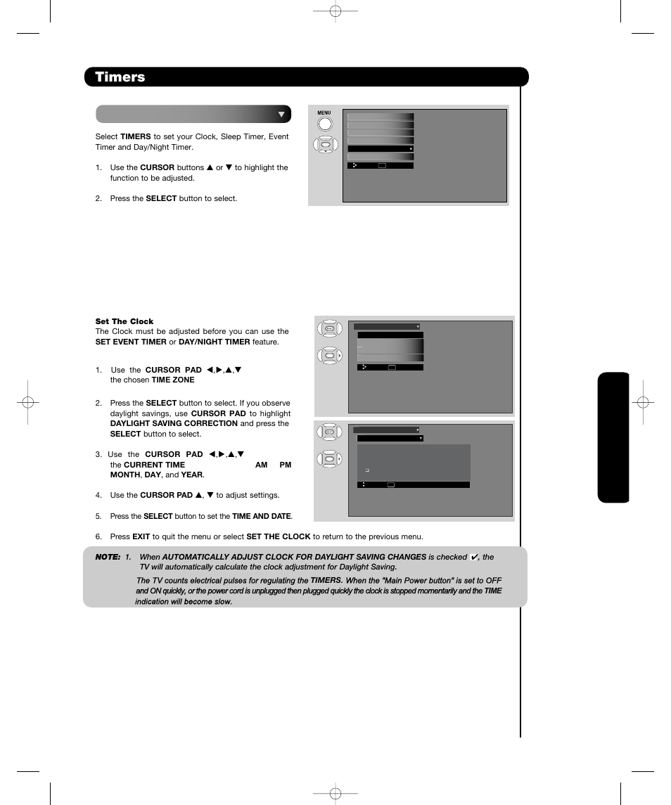 Timers, On-sc ree n display | Hitachi P55H4011 User Manual | Page 47 / 144