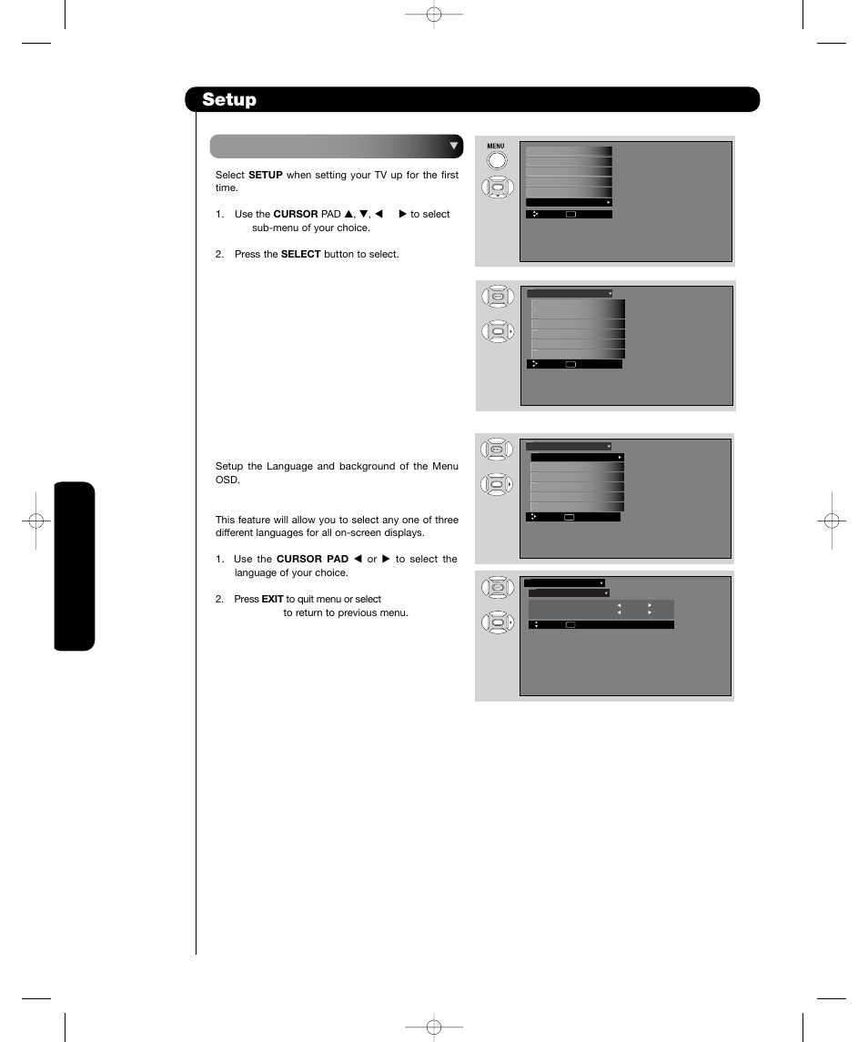 Setup, On-screen display, On-sc reen display | Hitachi P55H4011 User Manual | Page 50 / 144