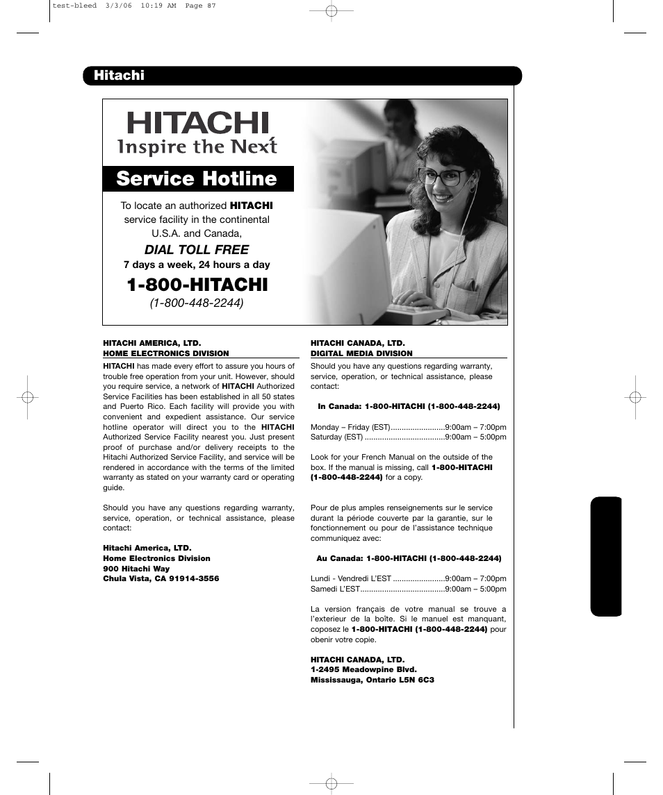 Service hotline, 800-hitachi, Hitachi | Dial toll free | Hitachi P55H4011 User Manual | Page 63 / 144