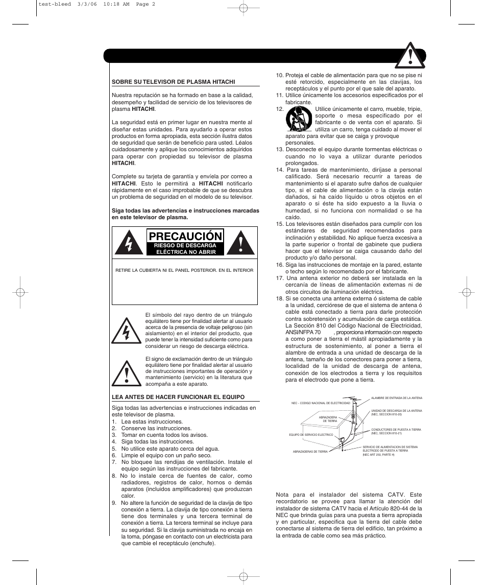 Precaución, Instrucciones importantes de seguridad | Hitachi P55H4011 User Manual | Page 66 / 144