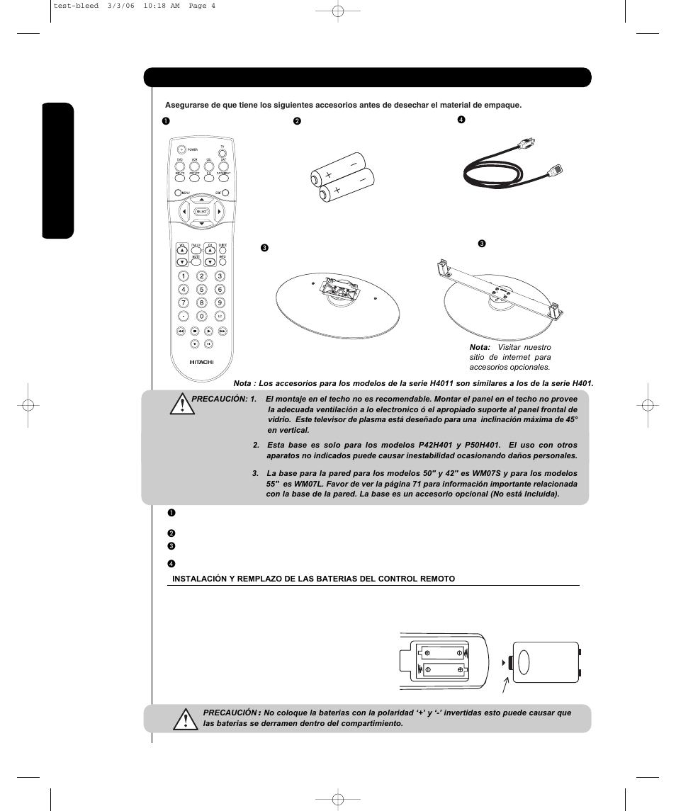 Accesorios, Uso por primera vez | Hitachi P55H4011 User Manual | Page 68 / 144