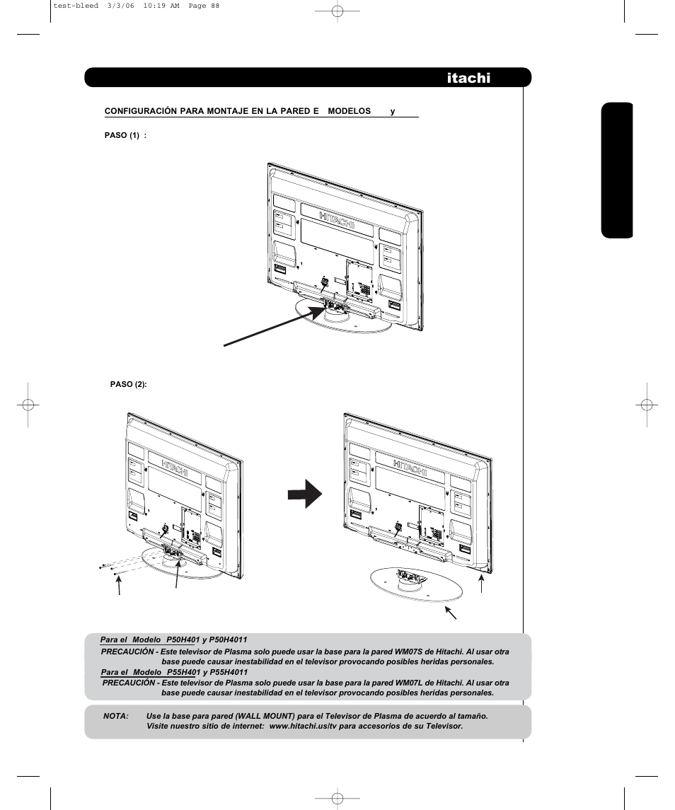 Cómo colocar su nuevo televisor de plasma hitachi, Us o po r primer a vez | Hitachi P55H4011 User Manual | Page 71 / 144