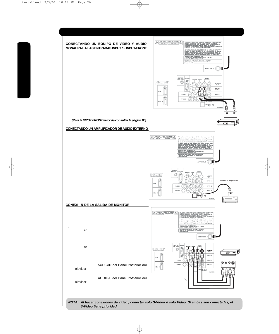 Conectando equipos de audio/video externos, Uso por primera vez | Hitachi P55H4011 User Manual | Page 86 / 144