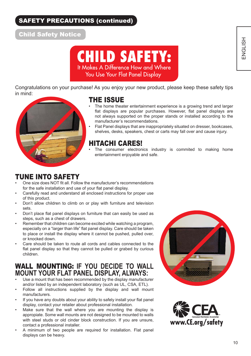 The issue, Hitachi cares, Tune into safety | Safety precautions (continued) child safety notice | Hitachi UT32A302 User Manual | Page 11 / 53