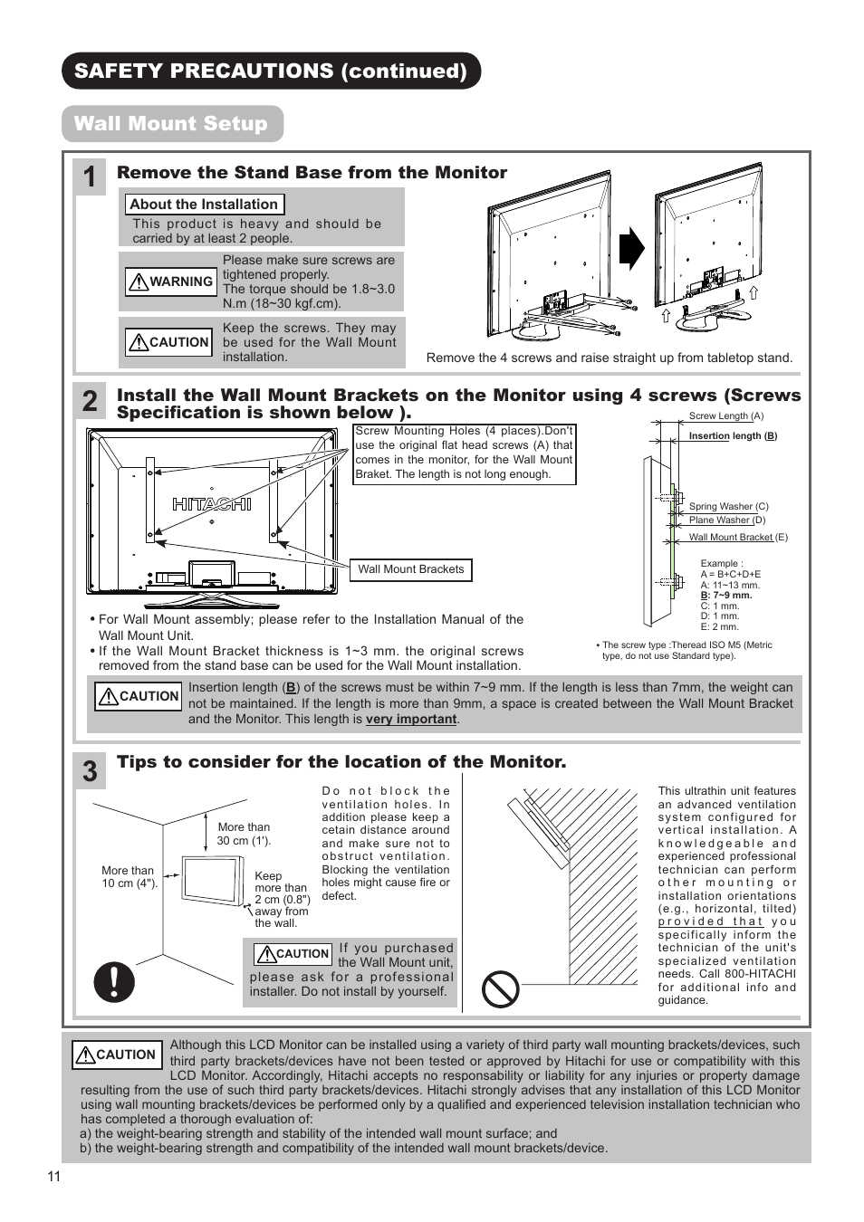 Safety precautions (continued) wall mount setup | Hitachi UT32A302 User Manual | Page 12 / 53