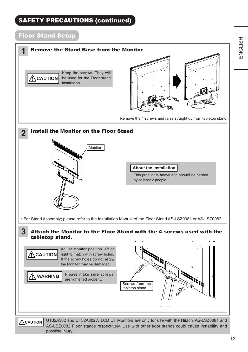 Safety precautions (continued) floor stand setup | Hitachi UT32A302 User Manual | Page 13 / 53