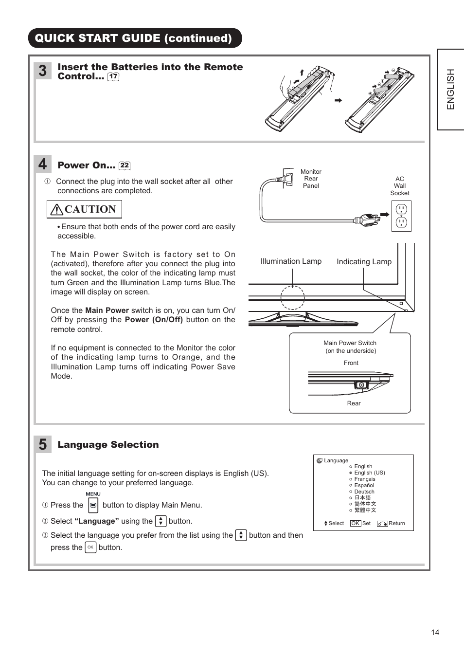 Quick start guide (continued), Caution, English | Insert the batteries into the remote control, Power on, Language selection | Hitachi UT32A302 User Manual | Page 15 / 53