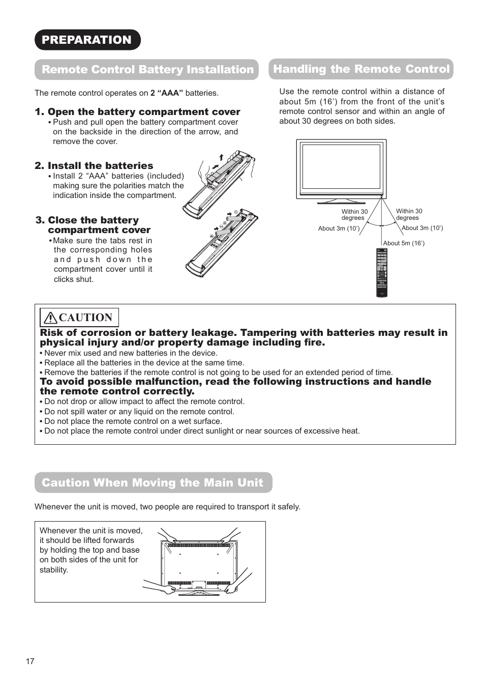 Caution when moving the main unit, Handling the remote control | Hitachi UT32A302 User Manual | Page 18 / 53