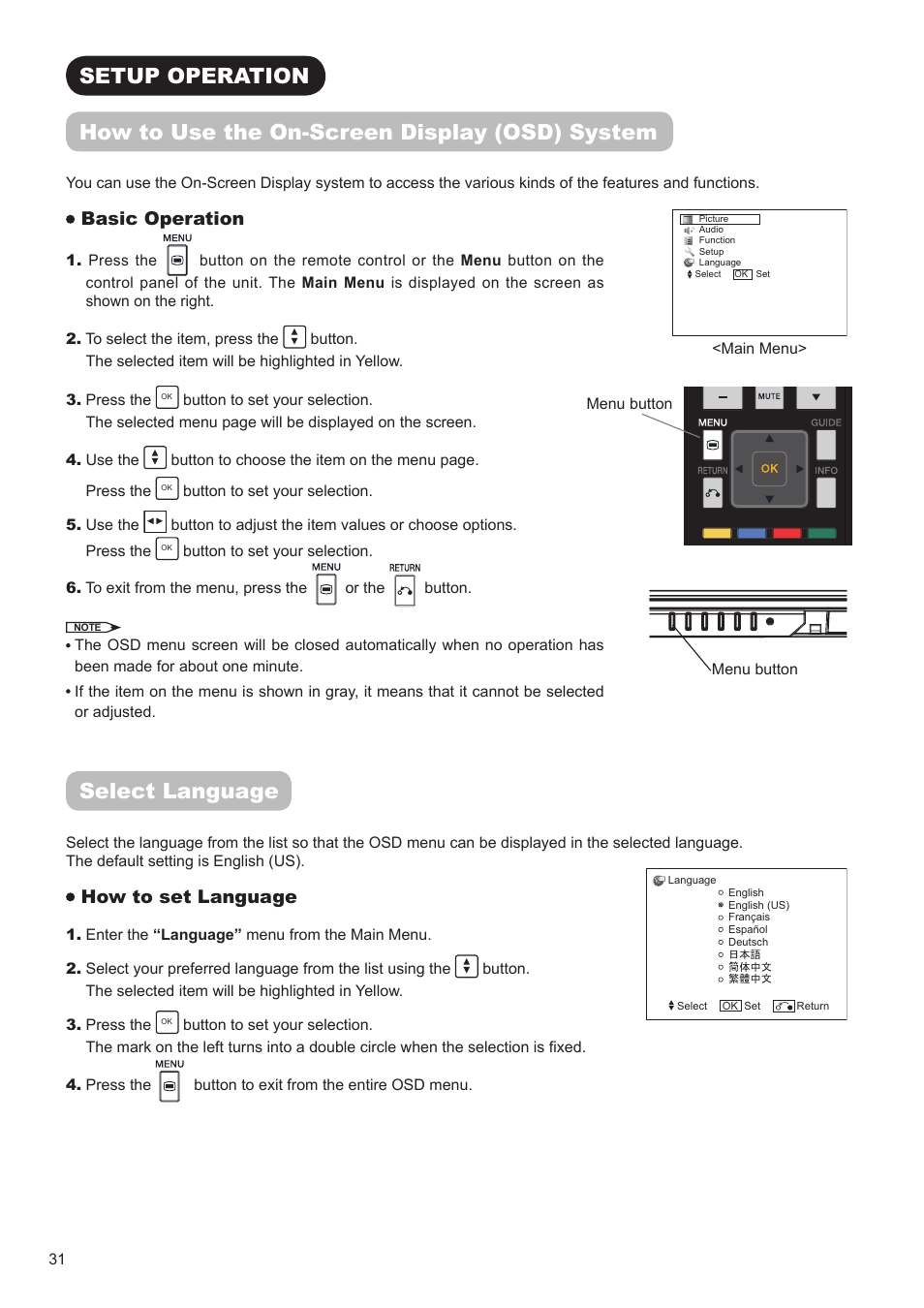 Select language, Basic operation, How to set language | Hitachi UT32A302 User Manual | Page 32 / 53