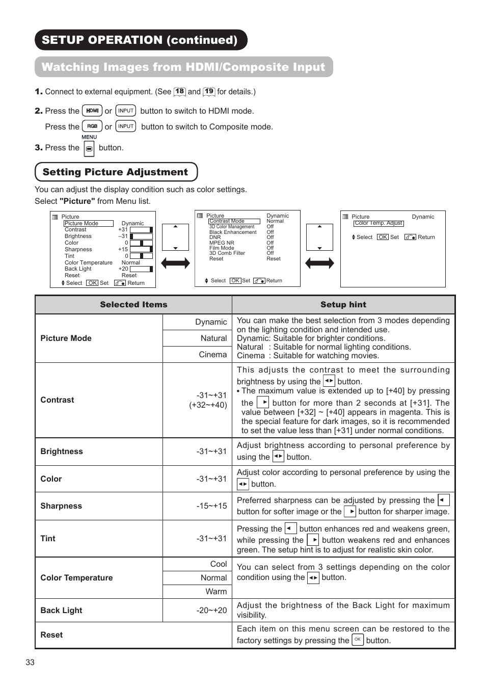 Setting picture adjustment | Hitachi UT32A302 User Manual | Page 34 / 53
