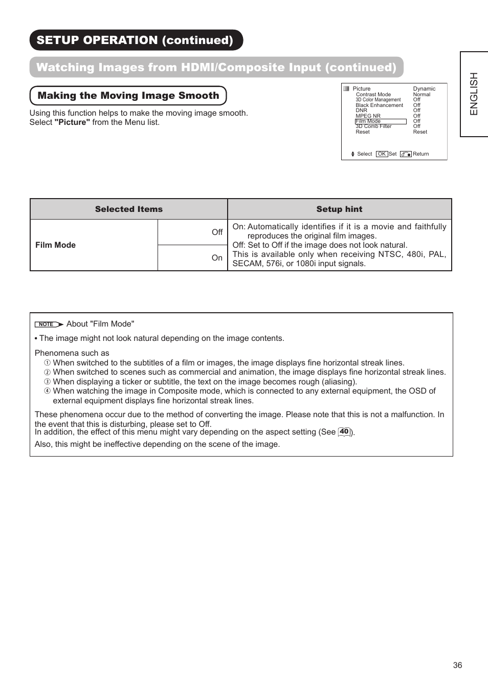 English, Making the moving image smooth | Hitachi UT32A302 User Manual | Page 37 / 53