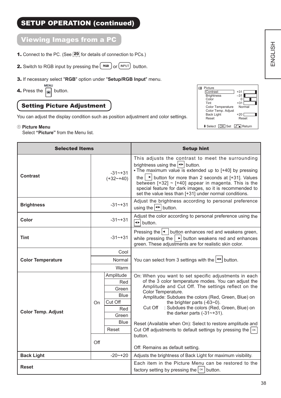 English, Setting picture adjustment | Hitachi UT32A302 User Manual | Page 39 / 53