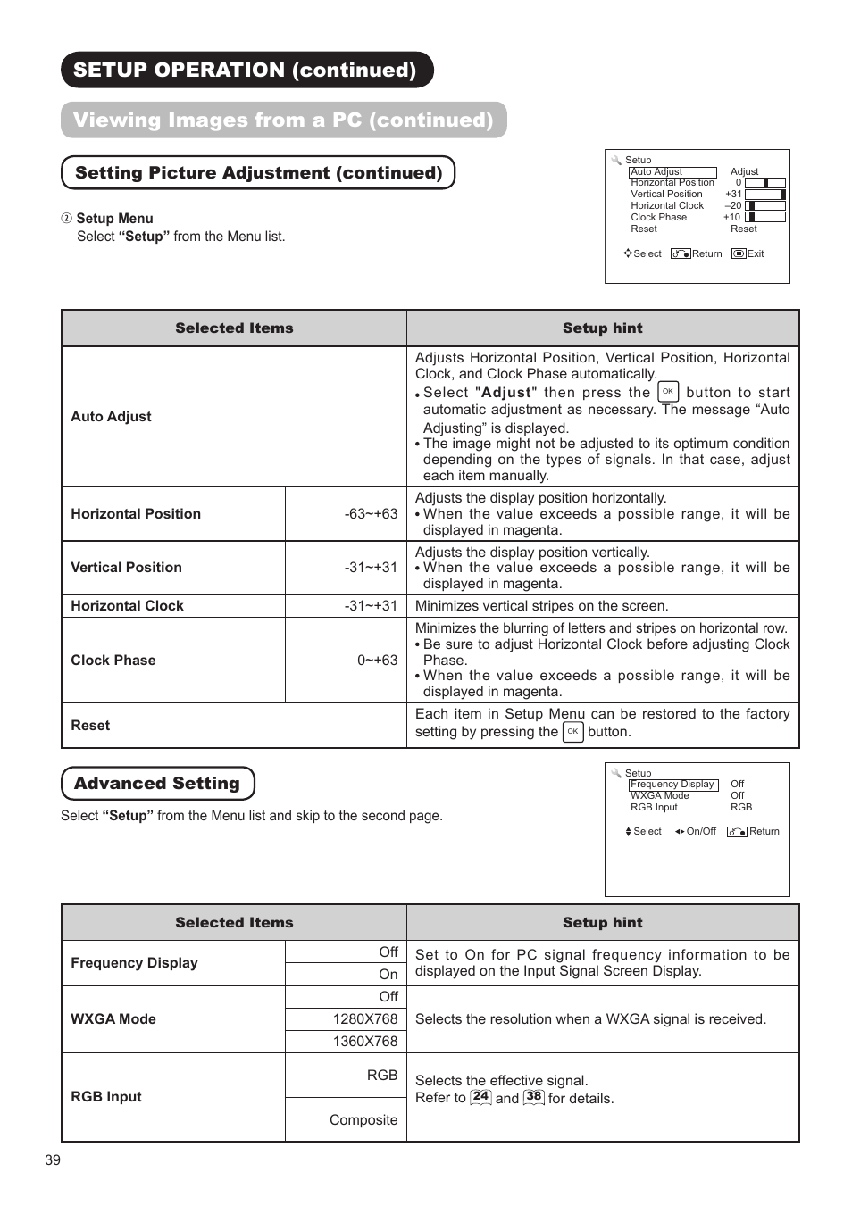 Setting picture adjustment (continued), Advanced setting | Hitachi UT32A302 User Manual | Page 40 / 53