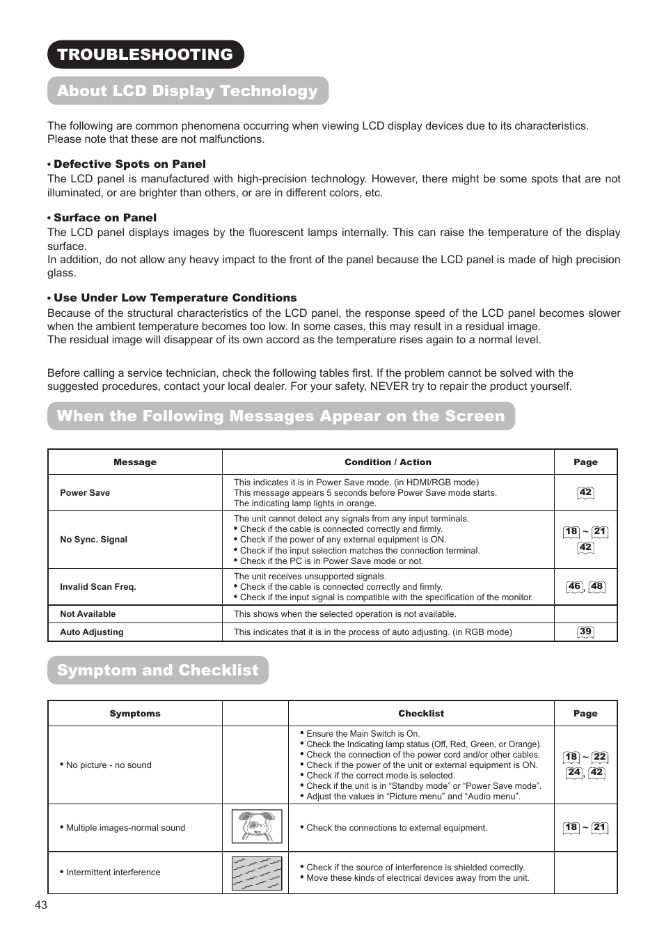 Troubleshooting, When the following messages appear on the screen, Symptom and checklist | About lcd display technology | Hitachi UT32A302 User Manual | Page 44 / 53