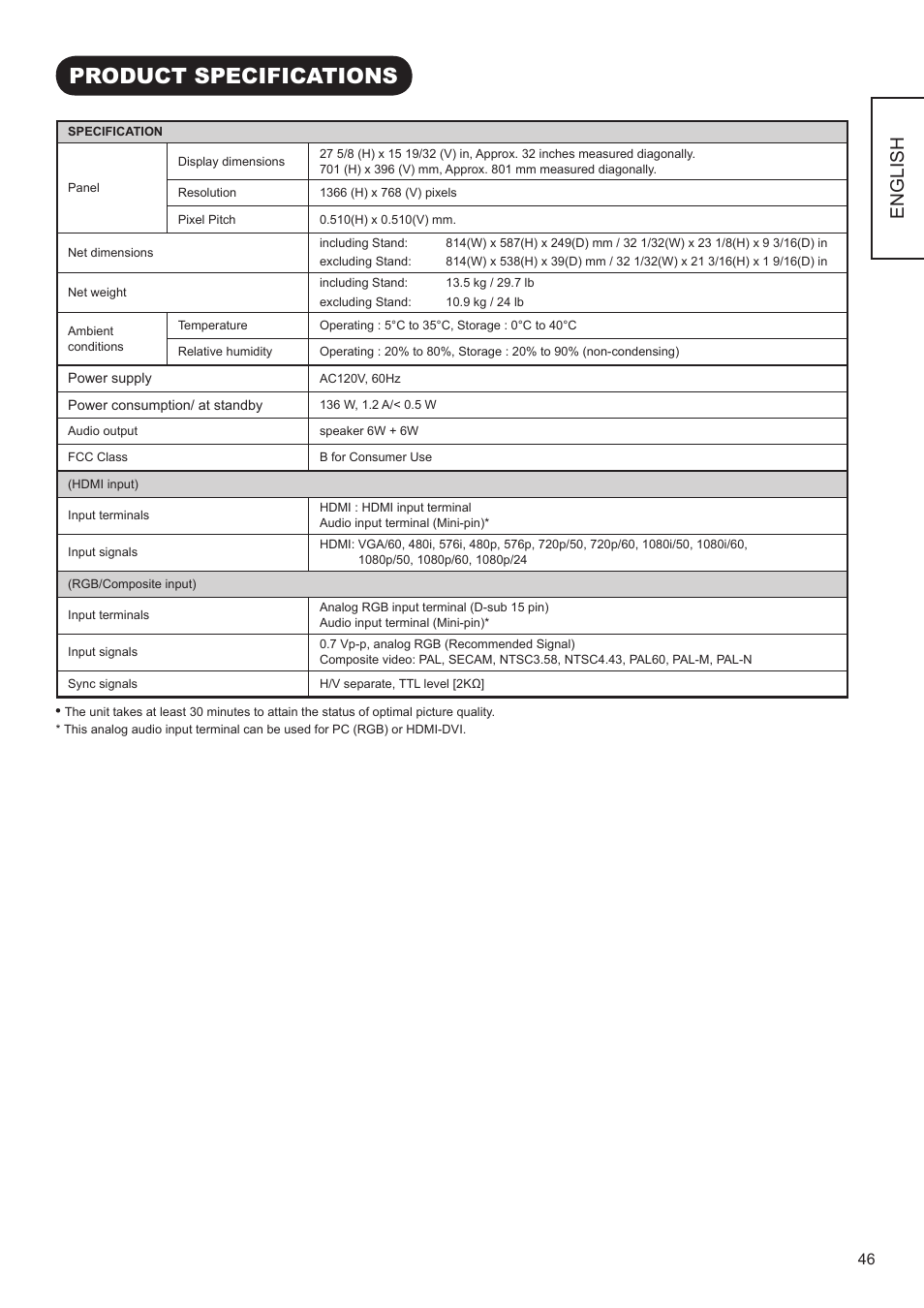 Product specifications, English | Hitachi UT32A302 User Manual | Page 47 / 53